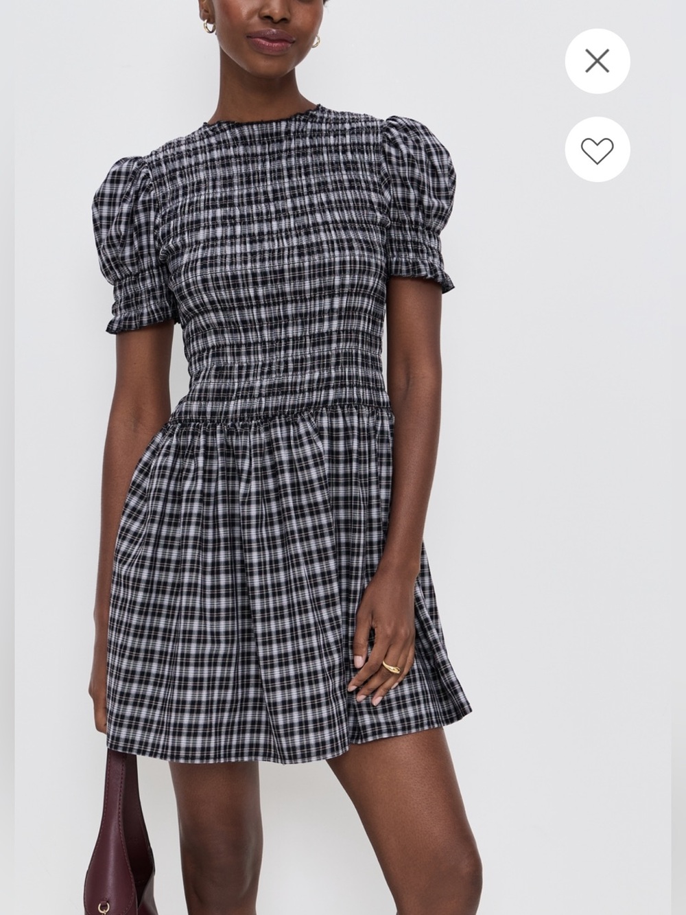 WAYF Black, White, & Red Plaid Puff-Sleeve Dress